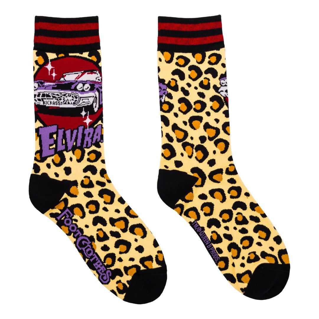 black unisex crew socks with black and red striped cuffs and black toes & heels. Outer ankle of each sock has knit-in design of Elvira's car the Macabre Mobile, a purple Thunderbird with spiderweb grille and "KICKASS" license plate above purple Elvira logo on a yellow and orange leopard print background. Shown from side