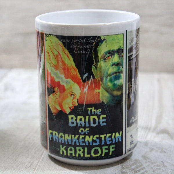15oz white ceramic mug with printed illustrated movie posters for the Bride of Frankenstein. Shown from front
