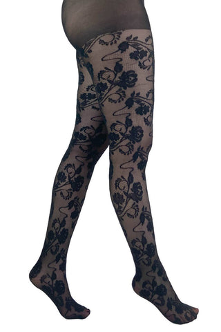 sheer black tights in an Art Deco style floral pattern with panels of cross hatched net. Shown from the side on a model