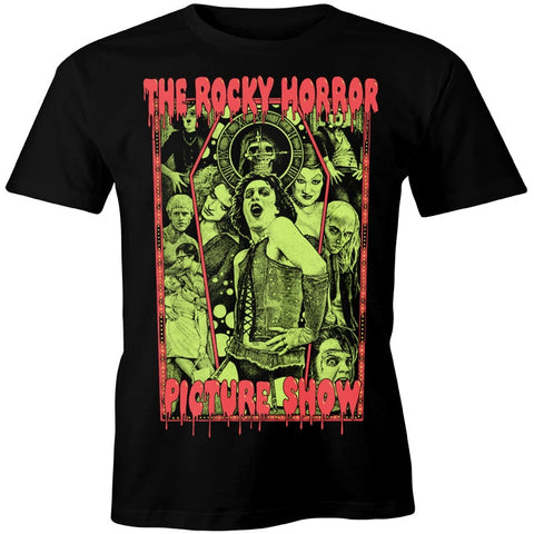 Black t-shirt with 'The Rocky Horror Picture Show' graphic design of neon green illustration of characters from the movie with movie title in neon red