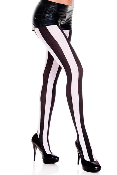 Black and white vertically striped tights worn by model shown from side