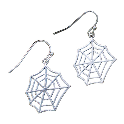 Tiny silver metal spiderweb dangle earrings