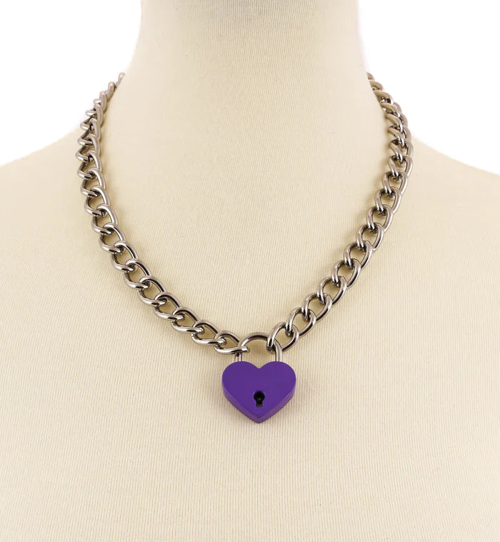 20” enameled black metal link chain with a 1” heart-shaped padlock in a shiny purple finish.