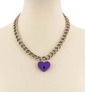 20” enameled black metal link chain with a 1” heart-shaped padlock in a shiny purple finish.