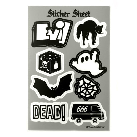 rectangular vinyl sheet of 8 black and white stickers on grey background -- "Evil", a black cat with arched back, a ghost, a spiderweb, a black van with 666 on its side, "DEAD!", a bat, and a die with a skull and crossbones on its side