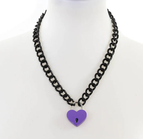 20” enameled black metal link chain with a 1” heart-shaped padlock pendant in a shiny purple finish