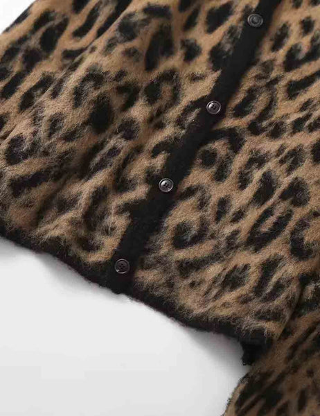 jacquard knit brown and black leopard print cardigan with round neckline and black button front shown from front in close up of pattern detail and texture