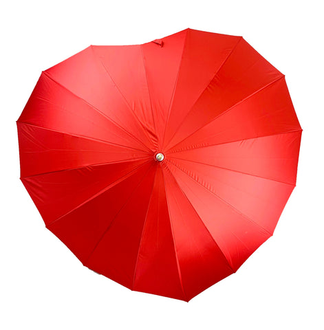Red heart-shaped umbrella. Shown open from top