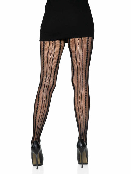 black vertical multi-texture stripe net pantyhose, shown on model