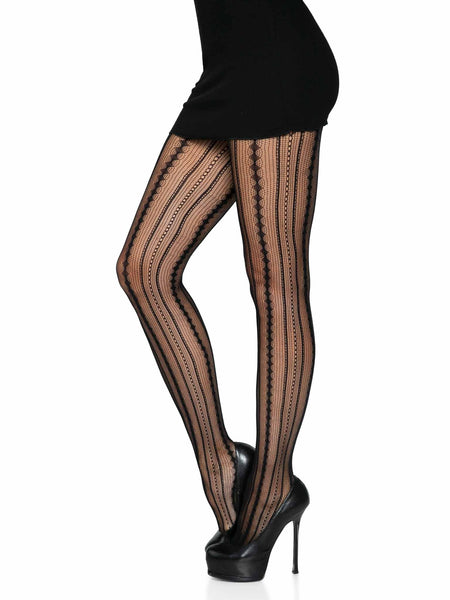 black vertical multi-texture stripe net pantyhose, shown on model