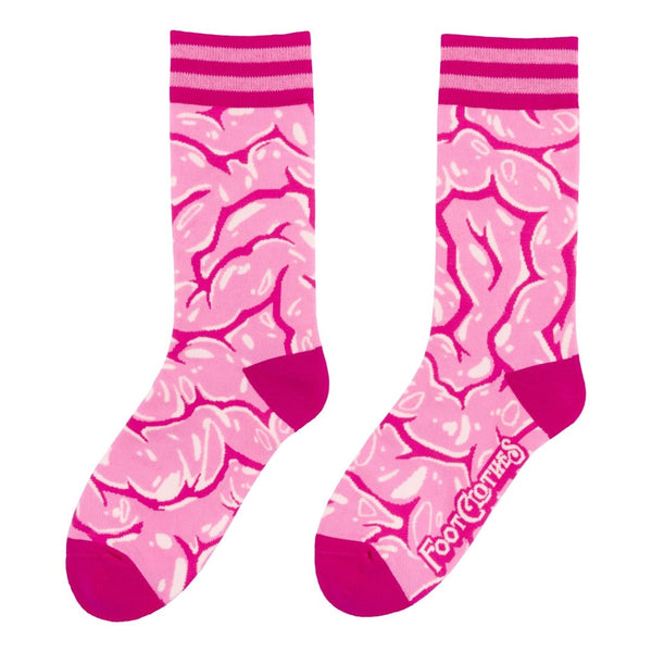 cotton unisex crew socks with allover pattern of pink and white brain matter, with pink striped cuffs and solid pink heels & toes. Shown flat