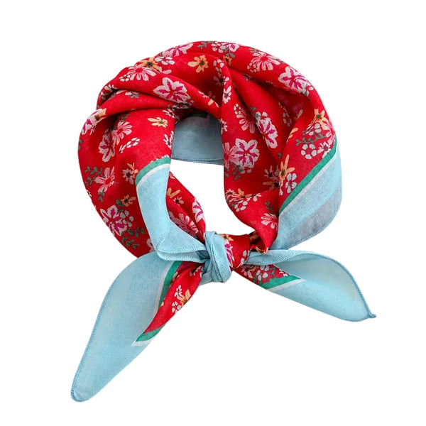Red floral cotton blend square scarf with blue, white, and green border