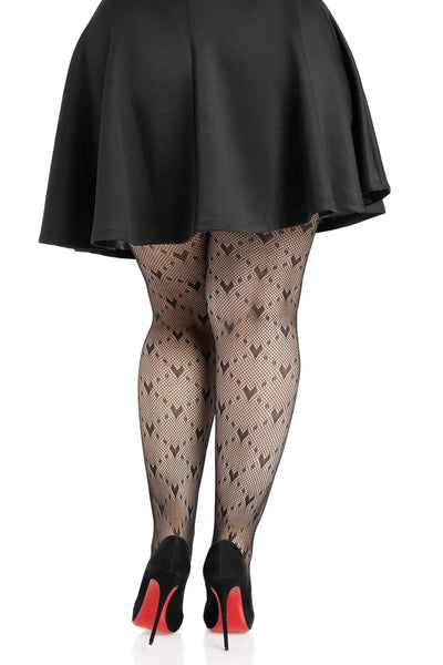black fishnet pantyhose with allover knit-in heart design in a diamond pattern, shown back view on a model