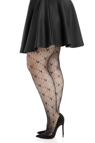 black fishnet pantyhose with allover knit-in heart design in a diamond pattern, shown side view on a model