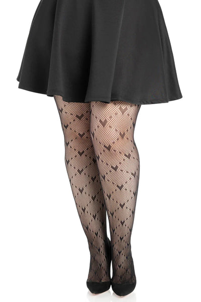 black fishnet pantyhose with allover knit-in heart design in a diamond pattern, shown on a model
