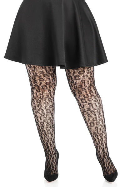 leopard print design black net pantyhose, shown on a model