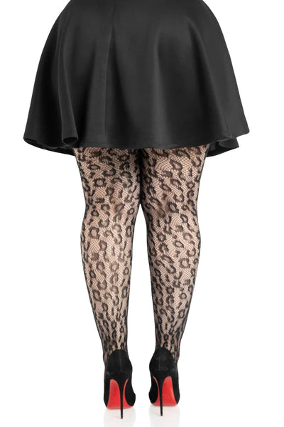 leopard print design black net pantyhose, shown back view on a model
