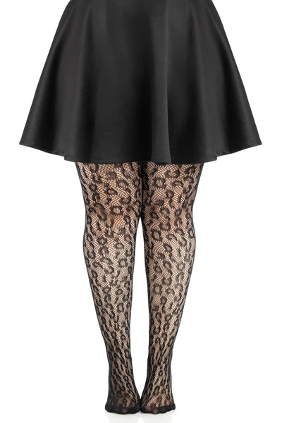 leopard print design black net pantyhose, shown on a model