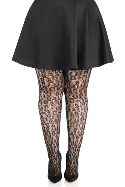 leopard print design black net pantyhose, shown on a model