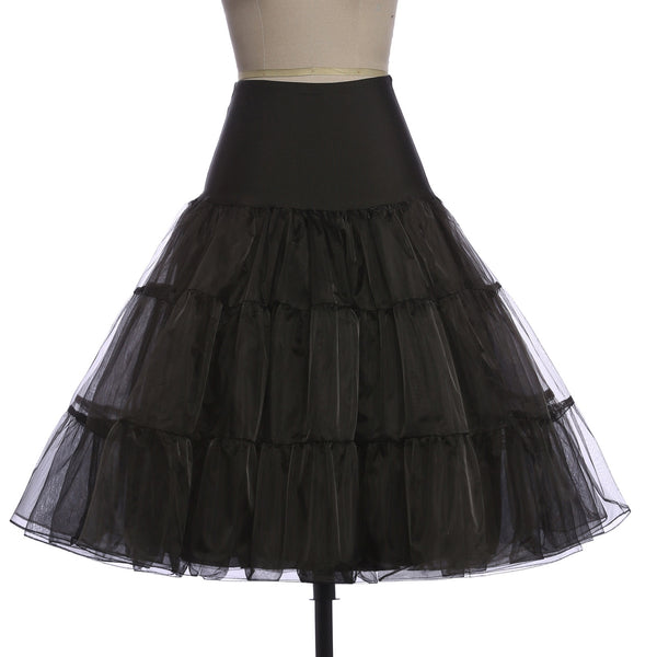 26" length fluffy layered tulle crinoline petticoat in black with smoothing wide polyester waistband. Shown on dress form
