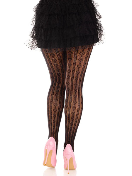 Model wearing striped black net pantyhose with heart knit-in detail and small baby pink satin bows running down the middle of the open peekaboo panels of each leg. Showing back view