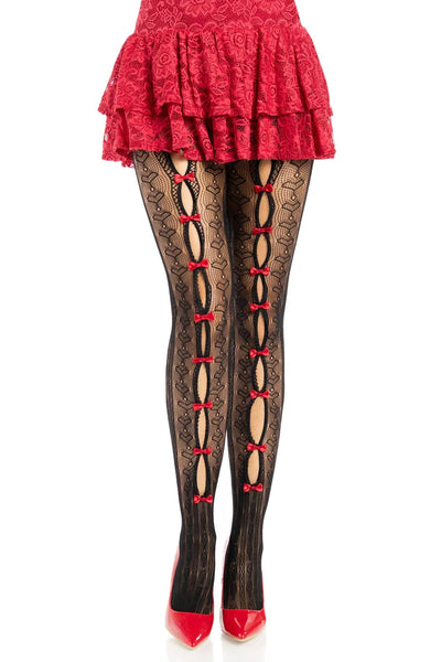 black striped pantyhose with allover knit-in heart diamond design and mini bright red bow details down the peekaboo open front of each leg, shown on a model