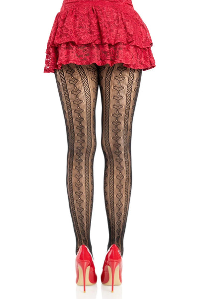 black striped pantyhose with allover knit-in heart diamond design, shown back view on a model