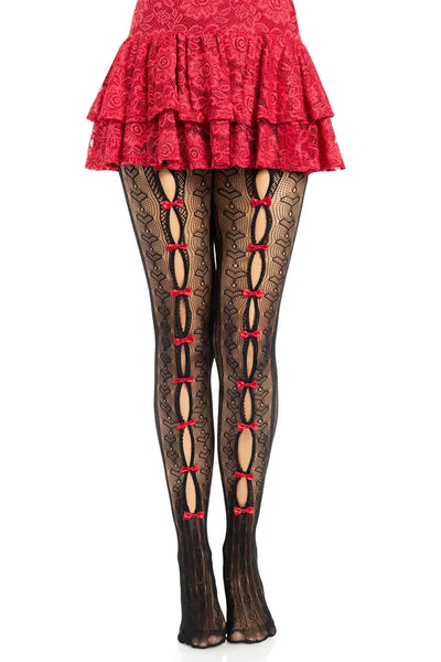 black striped pantyhose with allover knit-in heart diamond design and mini bright red bow details down the peekaboo open front of each leg, shown on a model