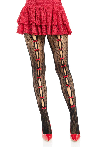 black striped pantyhose with allover knit-in heart diamond design and mini bright red bow details down the peekaboo open front of each leg, shown on a model
