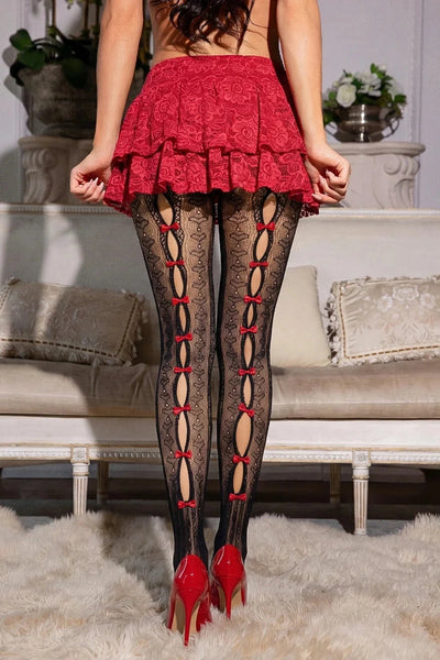 black striped pantyhose with allover knit-in heart diamond design and mini bright red bow details down the peekaboo open back of each leg, shown on a model
