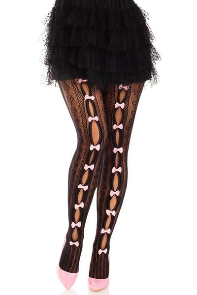 Model wearing striped black net pantyhose with heart knit-in detail and small baby pink satin bows running down the middle of the open peekaboo panels of each leg. Shown from front