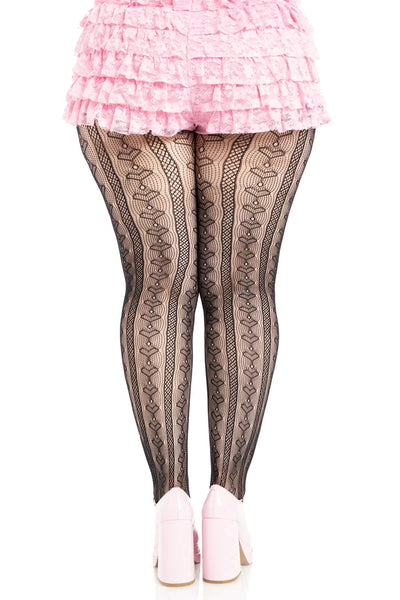 black striped pantyhose with allover knit-in heart diamond design, shown back view on a model