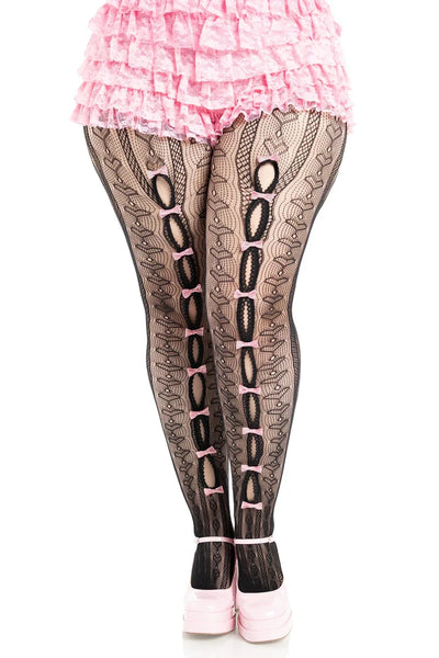 black striped pantyhose with allover knit-in heart diamond design and mini baby pink bow details down the peekaboo open front of each leg, shown on a model