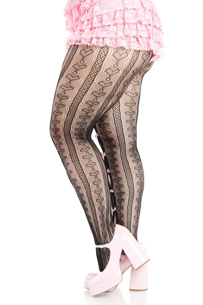 black striped pantyhose with allover knit-in heart diamond design and mini baby pink bow details down the peekaboo open front of each leg, shown side view on a model