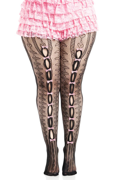 black striped pantyhose with allover knit-in heart diamond design and mini baby pink bow details down the peekaboo open front of each leg, shown on a model