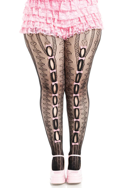 black striped pantyhose with allover knit-in heart diamond design and mini baby pink bow details down the peekaboo open front of each leg, shown on a model