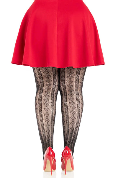 black striped pantyhose with allover knit-in heart diamond design, shown back view on a model