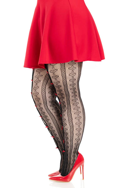 black striped pantyhose with allover knit-in heart diamond design and mini bright red bow details down the peekaboo open front of each leg, shown side view on a model