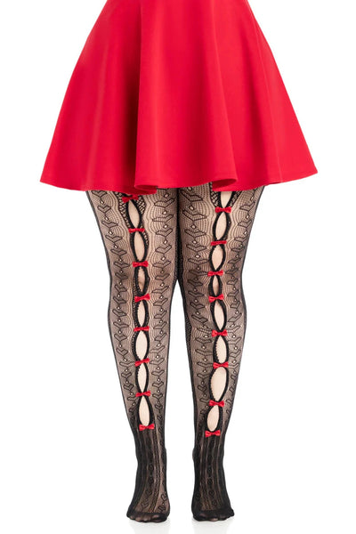 black striped pantyhose with allover knit-in heart diamond design and mini bright red bow details down the peekaboo open front of each leg, shown on a model
