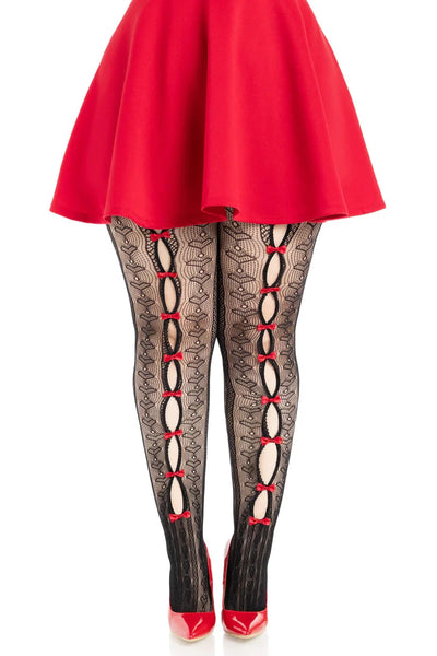 black striped pantyhose with allover knit-in heart diamond design and mini bright red bow details down the peekaboo open front of each leg, shown on a model