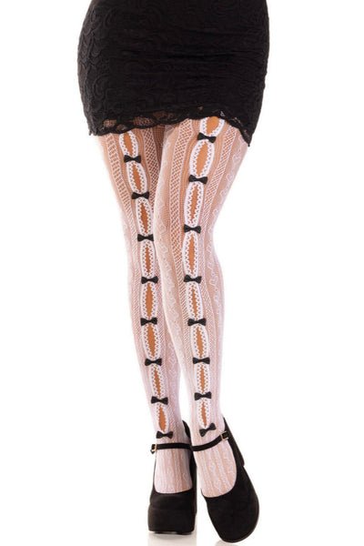 Model wearing striped white net pantyhose with heart knit-in detail and small black bows running down the middle of the open peekaboo panels of each leg. Shown from front