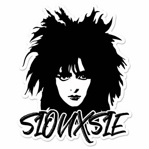 Die cut vinyl sticker of a stylized black and white portrait of Siouxsie Sioux with the message “SIOUXSIE” in black script lettering underneath 