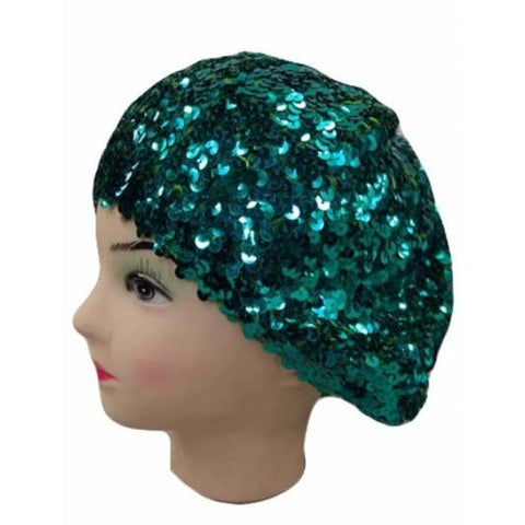 Mannequin head wearing a teal green sequin beanie on a white background