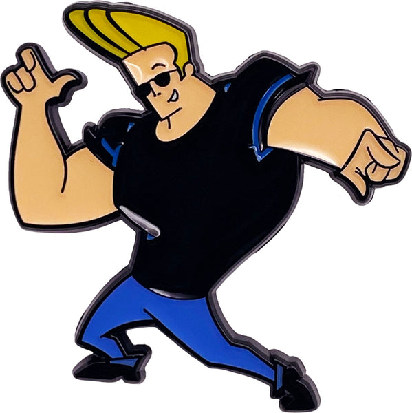 soft enameled metal pin of Johhny Bravo posing with fingers pointed