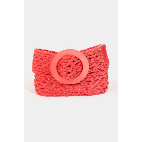 Coral pink braided cord belt with matching round acetate buckle