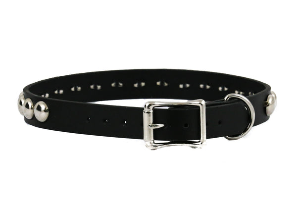 Black leather 3/4” wide choker with one row of silver metal 1/2” dome studs and buckle. Shown from buckle side