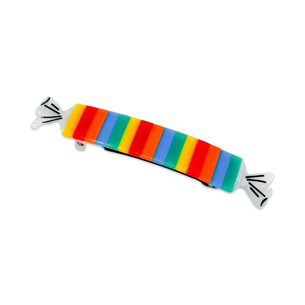 cellulose acetate multicolored stripe hair clip in the shape of a roll of smarties candy with cellophane style ends