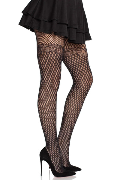 side view of a model wearing black diamond net tights and a short black skirt on a white background