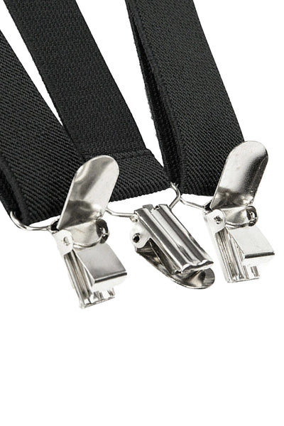 1" wide adjustable black elastic suspenders with silver metal clips