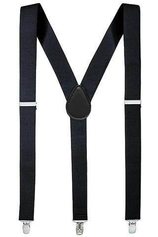 1" wide adjustable black elastic suspenders with silver metal clips